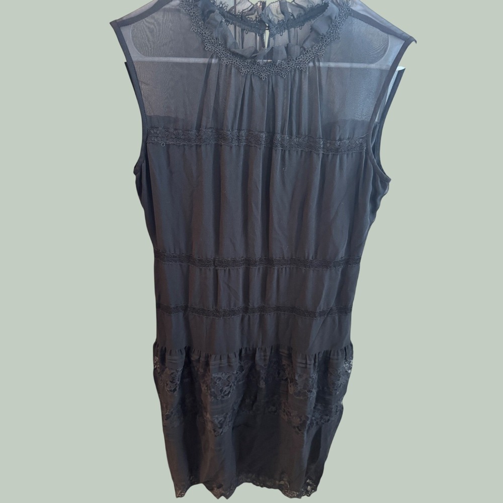 Xiuniang Black Sheer Mesh Lace Trimβ Ruffle Neck Sleeveless Midi Dress Womens